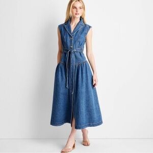 Universal Thread Blue Denim Sleeveless Tie Front Maxi Dress Sz 10